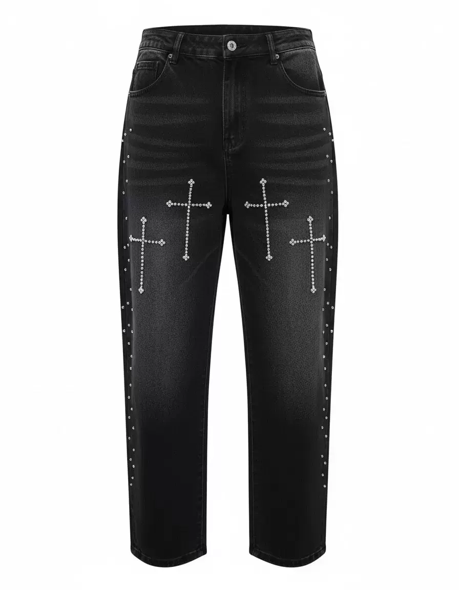 Rhinestone Cross Black Wash Baggy Jeans