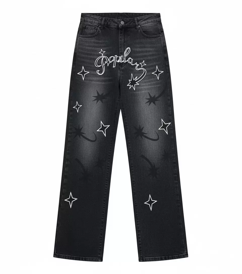 "Popular" Script Star-Patch Washed Denim Jeans