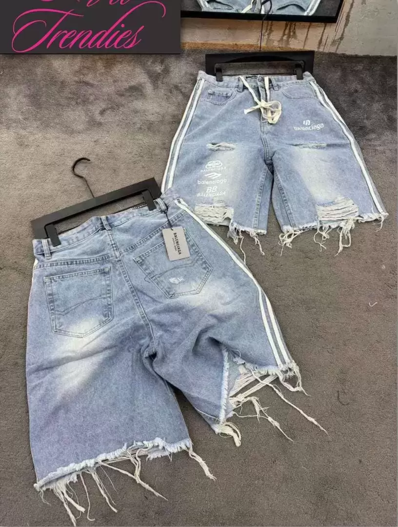 Men’s Distressed Denim Shorts with Side Stripe Detail