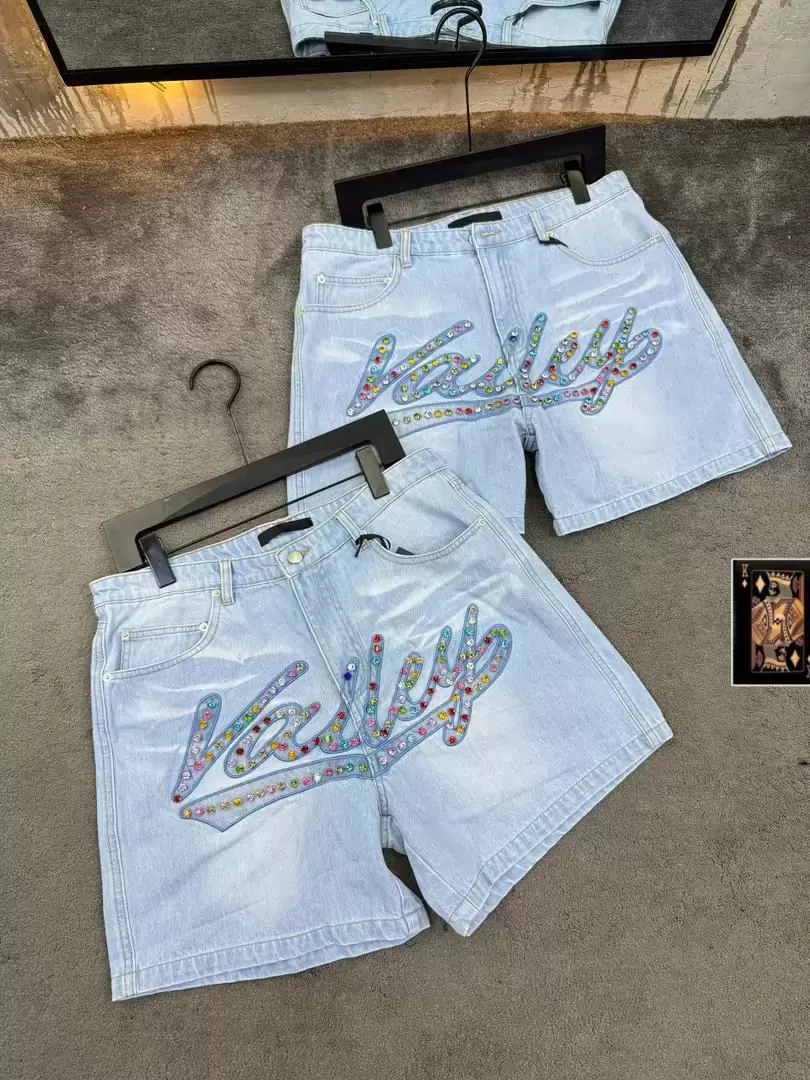 Men’s Light-Wash Denim Shorts with Colorful Crystal “Valley”