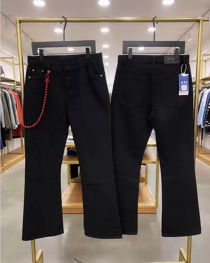 Mens Black Bootcut or Subtle Flare Jeans with Red Chain